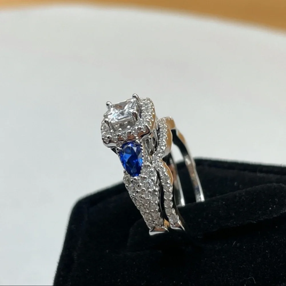 925 Sterling Silver‎ Diamond Sapphire 2 Band Wedding Bridal Engagement Ri…